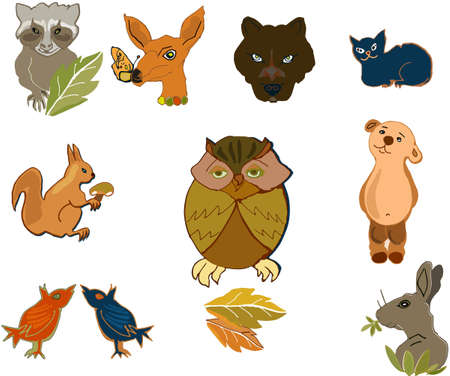 Figurins of funny animals and autumn leaves, vector graphics, simple styleのイラスト素材