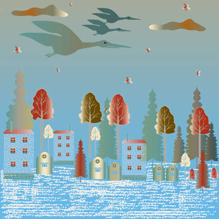 Storks with a baby in the evening sky against a background of blue and green shades. Vector.のイラスト素材