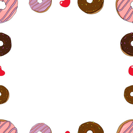 Frame of sweet donuts for Valentine's Day with hearts. Vector illustration. Seamless illustration. Templateのイラスト素材