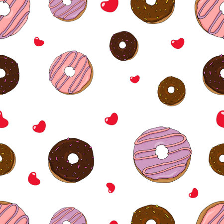 Vector illustration of sweet donuts for Valentine's Day with hearts. Seamless illustration. Patternのイラスト素材