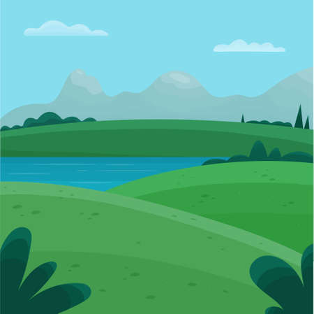 Summer landscape of mountains, fields and rivers. Vector illustration of nature.のイラスト素材