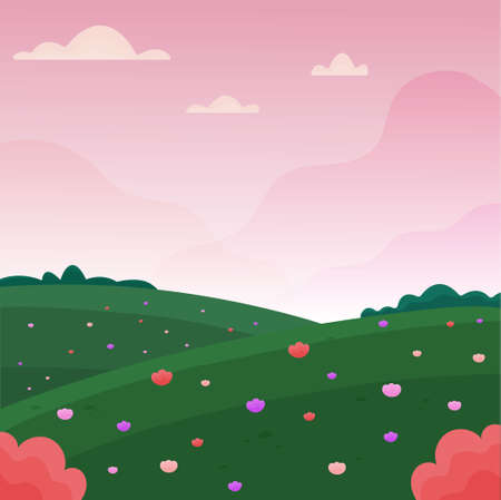 Vector illustration of a flower field. Pink sunset and clouds floating across the sky.のイラスト素材
