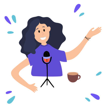 Vector illustration of a girl writes a podcast. Speaks on the radioのイラスト素材