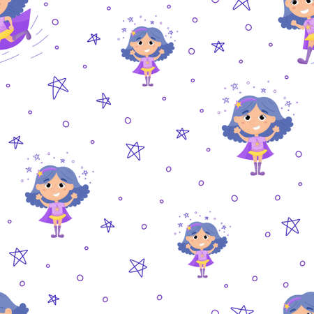 Superhero kids cartoon. Vector illustration of a superhero girl.のイラスト素材