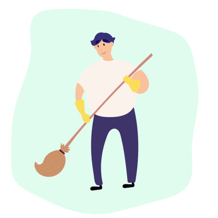 Vector illustration of a guy collecting trash and cleaning the environmentのイラスト素材