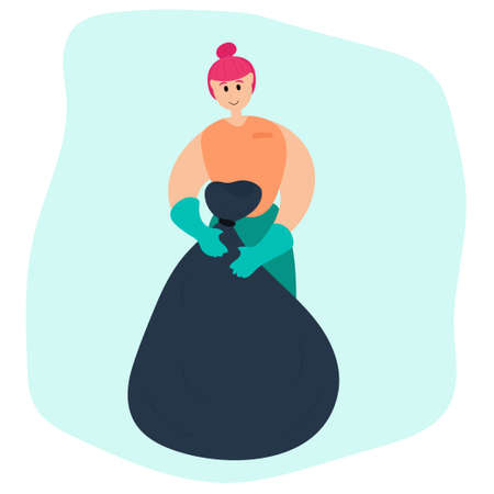 Spring cleaning. Vector illustration of a girl collecting trash and cleaning the environmentのイラスト素材