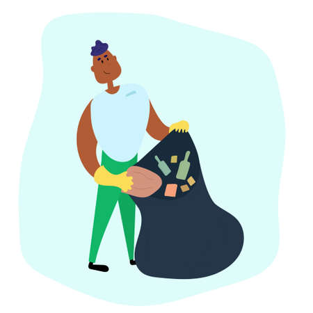 Spring cleaning. Vector illustration of a guy collecting trash and cleaning the environmentのイラスト素材