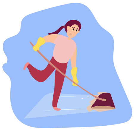 Spring cleaning. Vector illustration of a girl cheerfully washes the floorsのイラスト素材