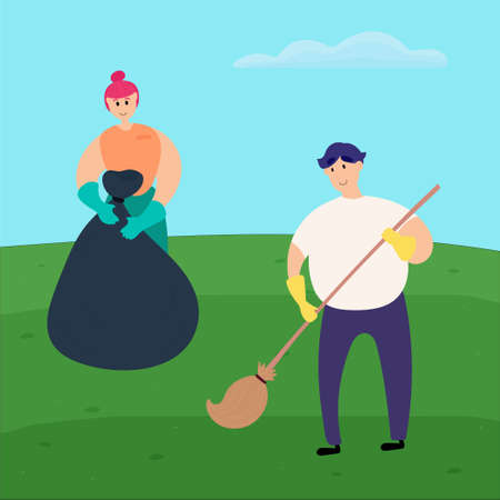 Spring cleaning. Vector illustration of a guy and a girl cleaning, removing garbage, taking care of the environmentのイラスト素材