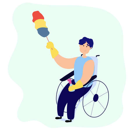 Vector illustration of a disabled guy cleaning.のイラスト素材
