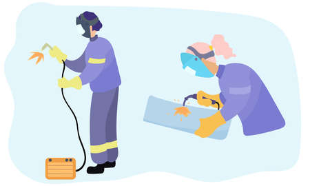 Woman and man welders. Welder and welding service concept. Vector illustration.のイラスト素材
