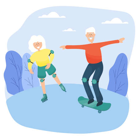 Elderly couple. Grandma on roller skates and grandfather on skateboard spend time together in the parkのイラスト素材