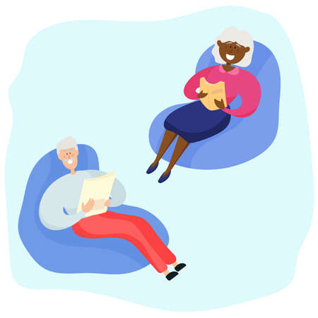 Grandparents are sitting in armchairs and reading. Family vacation of a black elderly couple.のイラスト素材