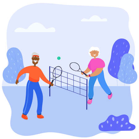Babushka and grandmother play tennis in the park. Grandmother and black grandfather spend their free time actively.のイラスト素材