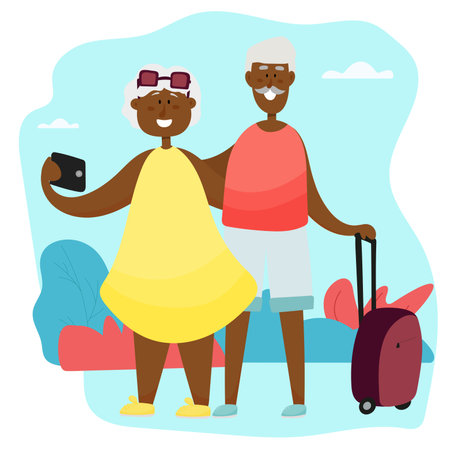 An elderly couple takes a selfie while traveling. Active black grandparents travel together.のイラスト素材