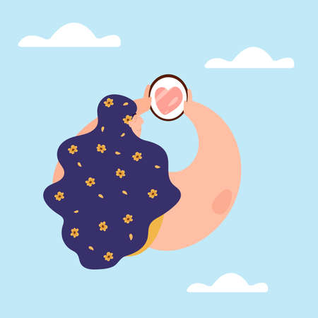 Self-love and healthy lifestyle concept. The girl looks in the mirror and loves herself as she is.のイラスト素材