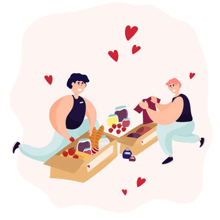Volunteers collect boxes of food and things to help those in need.のイラスト素材