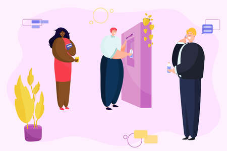 Office workers of different races in the office draw water from a water filling machine into...