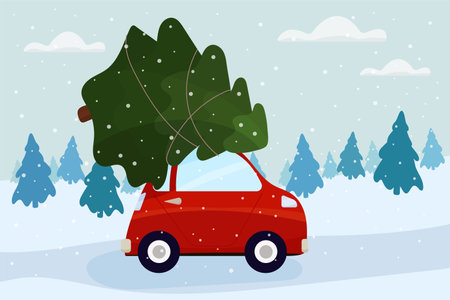 The red car carries the tree for the celebration of Christmas and New Year.のイラスト素材