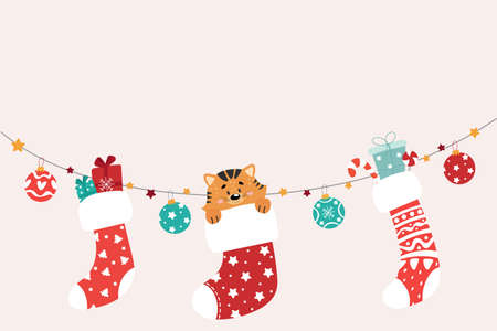 A garland of Christmas socks with gifts. Tiger in a sockのイラスト素材