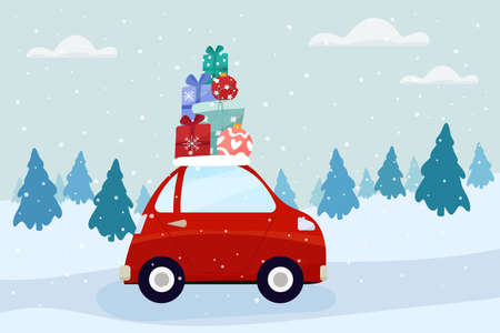 A red car carries a stack of gifts for the celebration of Christmas and New Year.のイラスト素材