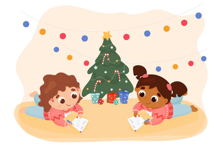 Children of different races write a letter to Santa Claus for Christmas togetherのイラスト素材