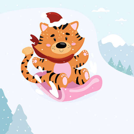 Cartoon Tiger Cub is riding a sleigh on a snow-covered mountain.のイラスト素材