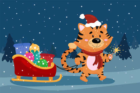 Vector illustration of a cute tiger in a santa hat carrying christmas gifts on a sleighのイラスト素材