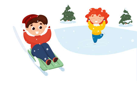 Children play active winter games. Boy sledding, girl ice skatingのイラスト素材