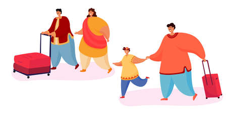 Indian family at the airport with luggage. Vector illustrationのイラスト素材