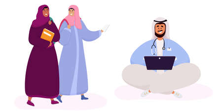 Arab students studying. Muslim men and women at the computer in traditional Arabic clothes.のイラスト素材