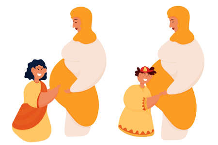 Indian pregnant woman hugging with her daughter and sonのイラスト素材