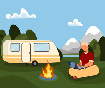 Guy working remotely while traveling, blogger, freelancerのイラスト素材