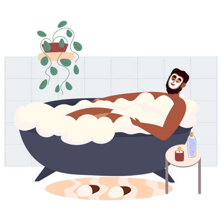 Man taking a relaxing bubble bath and taking care of himselfのイラスト素材