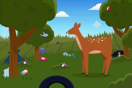 Deer in the forest among the garbage left by people. Environmental problems and environmental pollutionのイラスト素材