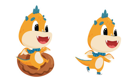 Little cute dragon skates and sledsのイラスト素材