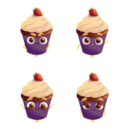 Set of cute cupcakes in cartoon style with different emotionsのイラスト素材