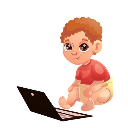 Vector illustration of a child of the Beta generation with a tablet, laptopのイラスト素材