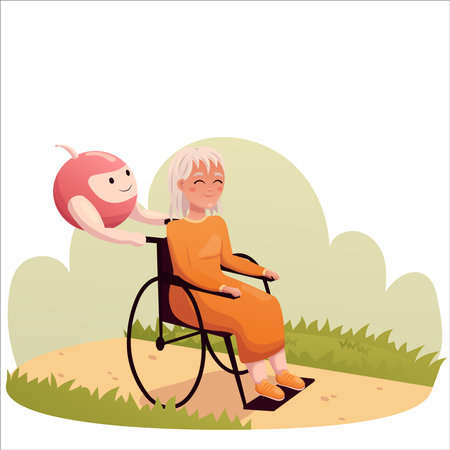 Vector illustration robot pushing wheelchair of elderly woman on walkのイラスト素材