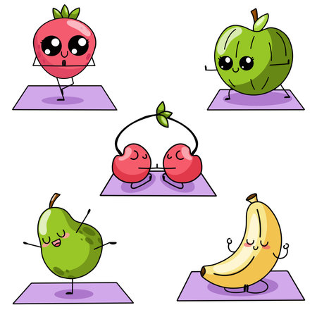 Set of fruits doing yoga. Kawaii styleのイラスト素材