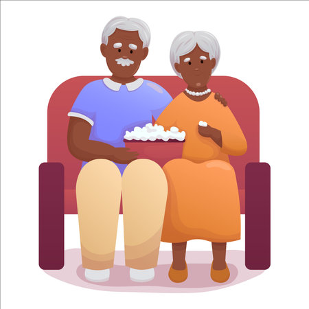Cute elderly couple watching movie with popcorn. Happy seniors spending time together activelyのイラスト素材