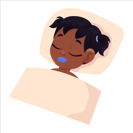 Flat lay drawing of child with tape on mouth in bedのイラスト素材