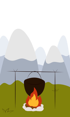Flat vector illustration of camping outdoors. Mountains, campfire, tent, nature, camper, trees, coffee, backpack, guitar, kettle, boiler, tea, silence, calm, peace, marshmallows on fire.のイラスト素材