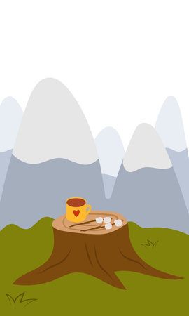 Flat vector illustration of camping outdoors. Mountains, campfire, tent, nature, camper, trees, coffee, backpack, guitar, kettle, boiler, tea, silence, calm, peace, marshmallows on fireのイラスト素材