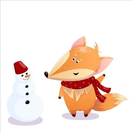 Cute vector illustration of a fox building a snowman. Christmas, New Year, fox, snowman, game.のイラスト素材