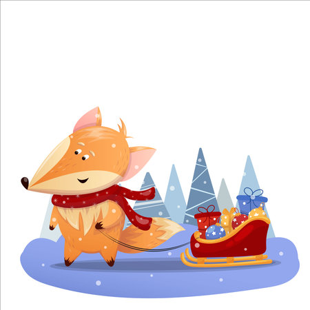 A cute vector illustration of a fox carrying New Year's gifts on a sleigh. Christmas, New Year, fox, gifts.のイラスト素材