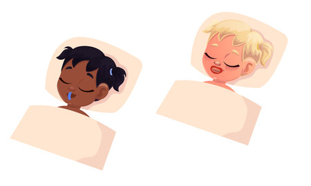 Flat design of kids with tape on mouth in bedのイラスト素材