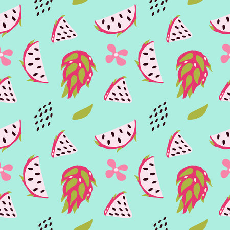 Vector pattern of dragon fruit on a light background. Exotic fruit, Pitahaya, fabric, pattern