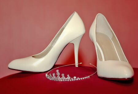 pearly high-heel wedding shoes and diademの写真素材