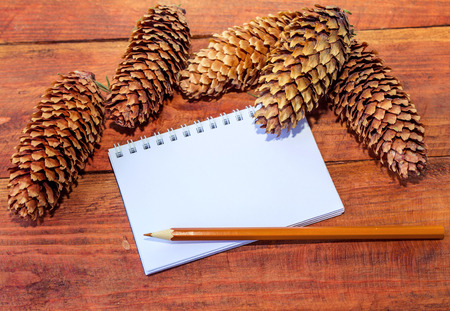 Blank notepad, brown pencil and dry pine cones on a wooden backgroundの写真素材